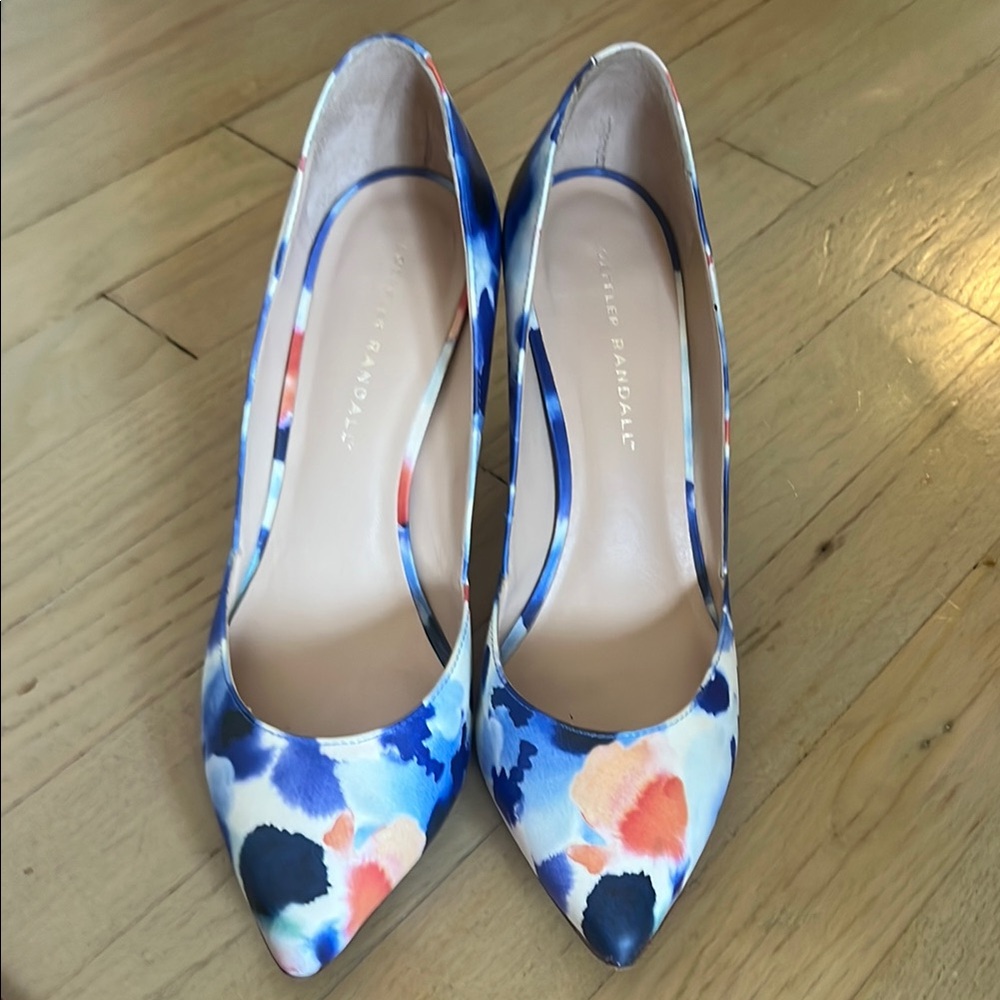 Loeffler Randall floral ink watercolor pari Heels EUC